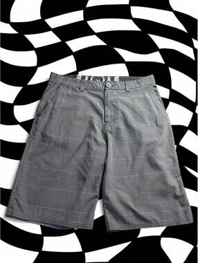 Rusty gray and white plaid swim shorts